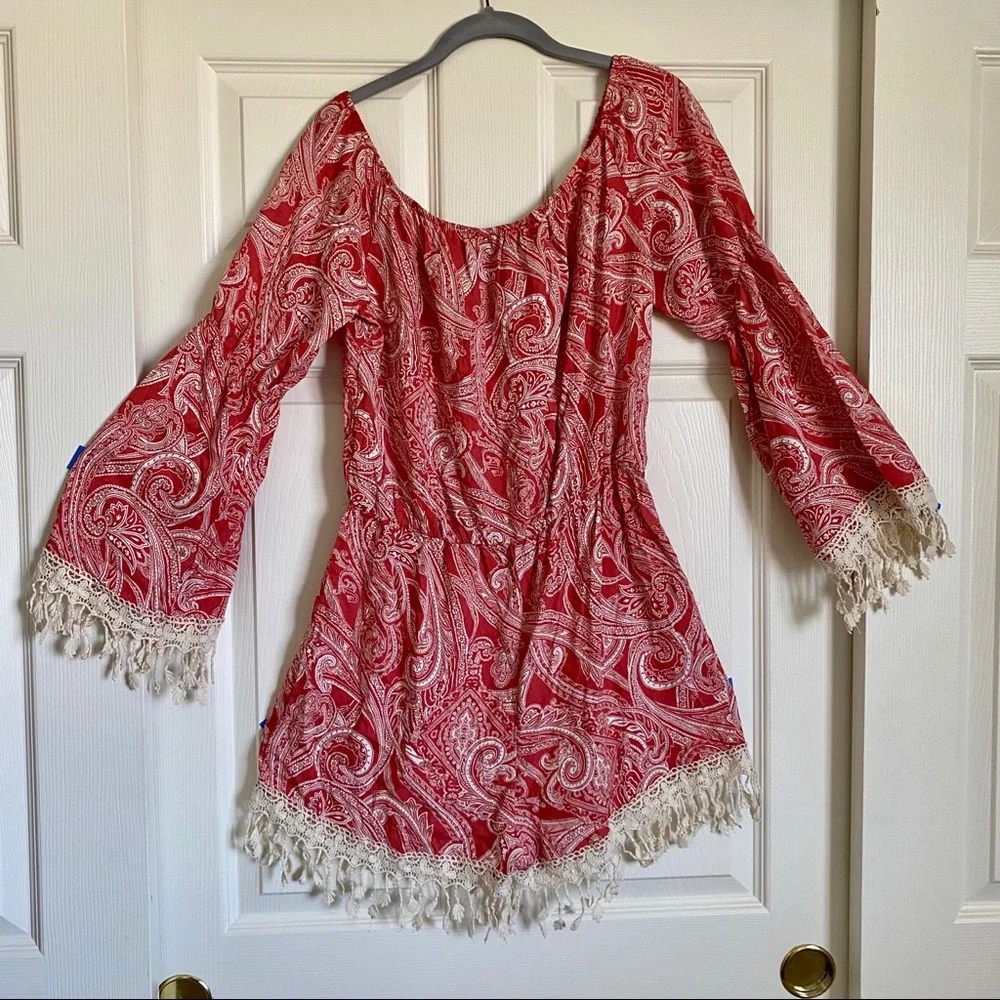 See‎ You Monday Sz XL Coral Paisley Bell Sleeve Fringe Boho Romper Cottagecore